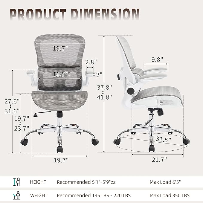 Office Chair, Ergonomic Desk Chair with Adjustable High Back 2D Lumbar Support Flip-up Armrests, Executive Breathable Mesh Comfy Swivel Rolling Computer Task Chair for Home Office Study Work Gaming
