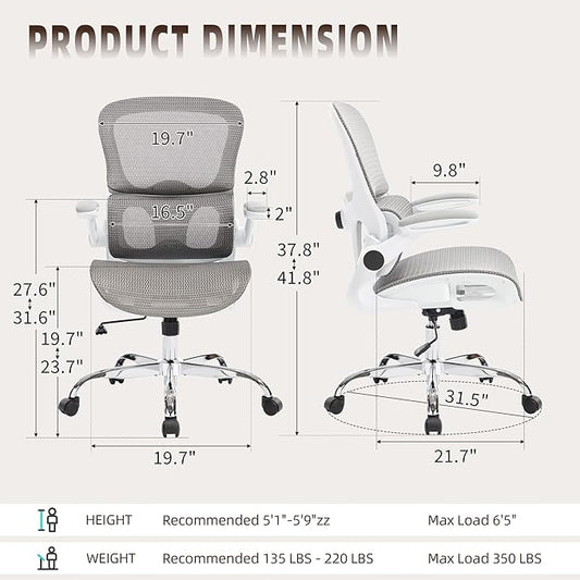 Office Chair, Ergonomic Desk Chair with Adjustable High Back 2D Lumbar Support Flip-up Armrests, Executive Breathable Mesh Comfy Swivel Rolling Computer Task Chair for Home Office Study Work Gaming
