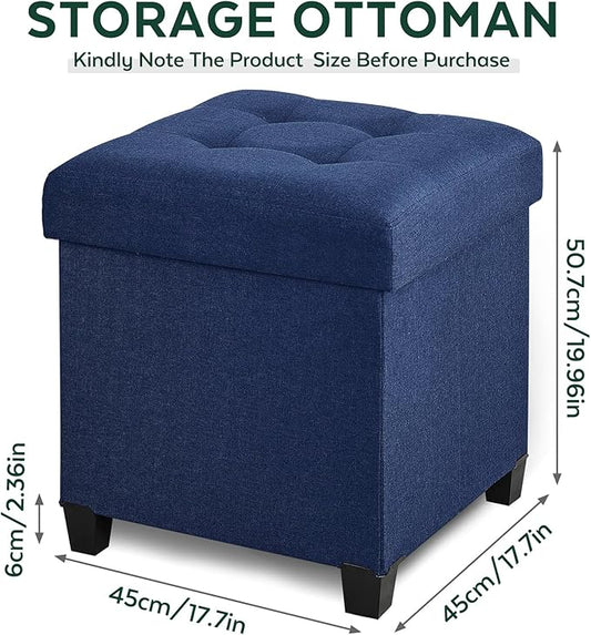 17.7" Ottoman with Storage, Square Storage Ottoman for Dorm, Linen Ottomans with Legs for Living Room, Bedroom, Blue