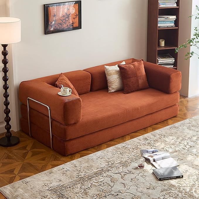 98.4" Convertible Sofa Bed - Compression Sofa with Corduroy Fabric - with Armrests and Backrest - Modular Sectional for Living Room, Bedroom, Studio - Compression Sofa in Box (Orange)