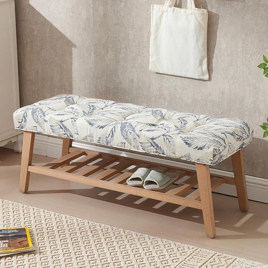 Entryway Shoe Bench Storage Benches with Upholstered Button Tufted Seat and Open Slatted Shelf Linen Shoe Rack for Hallway Living Room Bedroom End of Bed, Pattern