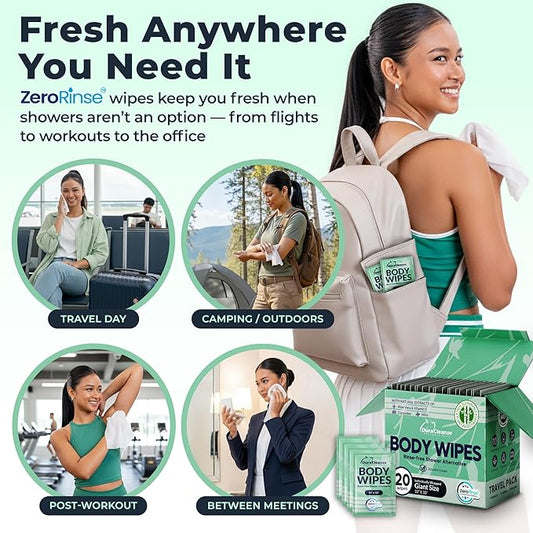 Dura Cleanse Travel Body Wipes - Sensitive Skin (Gentle Clean) - 20 Count, XL 10”x10” Individually Wrapped No-Rinse Shower Wipes for Women & Adults, Travel, Gym, Post-Workout & Elder Care