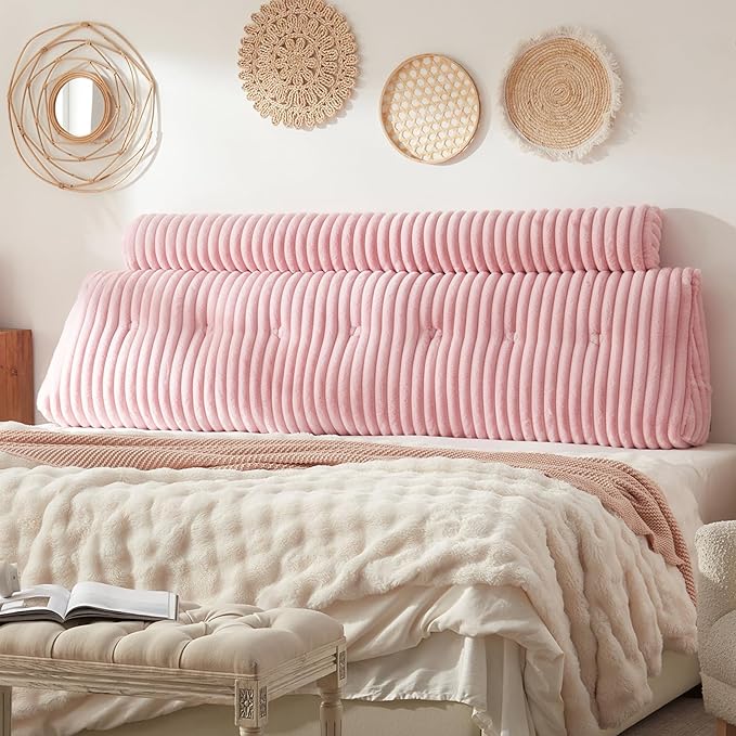 Headboard Pillow + A Long Neck Roll Pillow Body Pillow，Faux Fur Headboard Wedge Pillow with Removable Cover (Pink, King：76x8x20 inches)