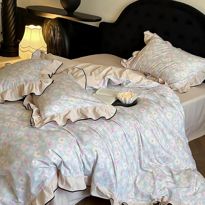 HighBuy Brushed Cotton Floral Ruffle Duvet Cover Full Size,Boho Chic Floral Bedding with Beige Edge,Breathable & Durable Bedding,Farmhouse Comforter Cover Sets 1 Duvet Cover and 2 Pillowcases