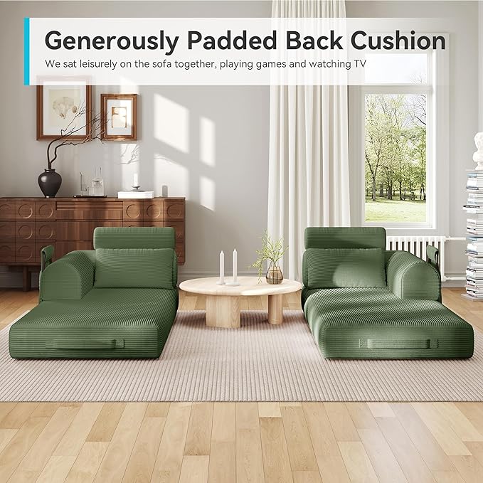 Upgrade High Backrest Design Sofa Bed with Fixed-Shape Frame & Removable Armrests and Backrest, Corduroy Fabric, Convertible Couch for Small Spaces - No Assembly Neede (High Backrest Olive Green)