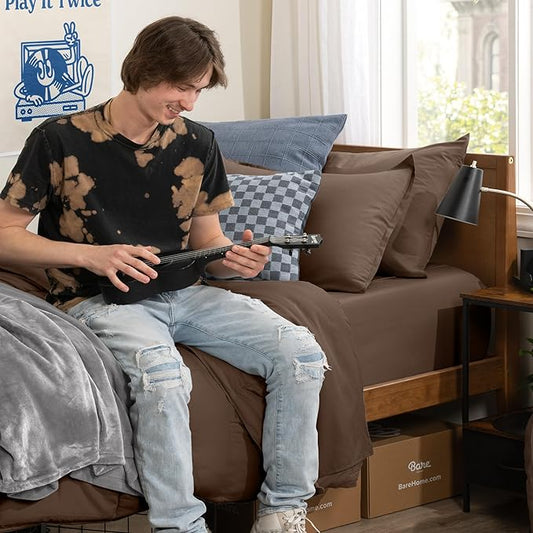 Bare Home Bed-in-A-Bag 5 Piece Comforter & Sheet Set - Twin XL - Goose Down Alternative - Ultra-Soft 1800 Premium Bed Set (Twin XL, Cocoa/Cocoa)