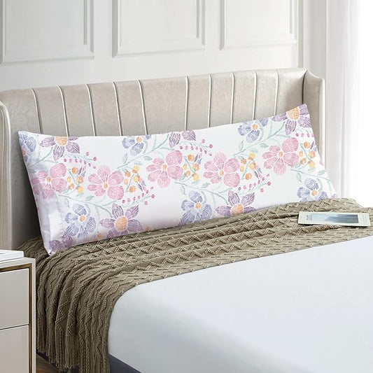 EXQ Home Satin Pillowcase for Hair and Skin Body- Multicolor Printed Flower Silk Pillowcase 20x54 inches - Body Pillow Cases with Envelope Closure, Gifts for Women