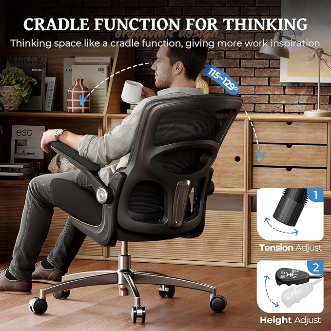 Ergonomic Office Chair - Office Desk Chair with Adjustable Lumbar Support - Mesh Comfy Chair with Flip-Up Arms - Heavy Duty Gaming Chairs for Adults Home and Business