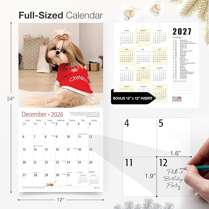 RED EMBER Shih Tzu 2026 Wall Calendar 12 Month | 12" x 24" Open | Thick & Sturdy Paper | Holiday Gift | Cute Puppy Dog Calendar 2026