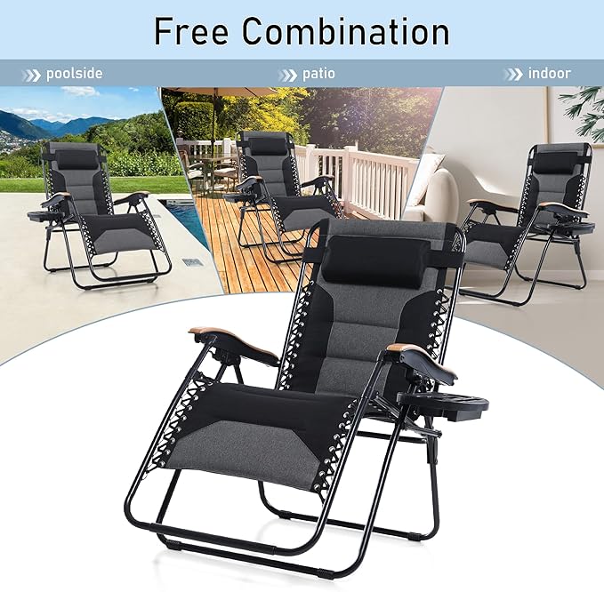 PHI VILLA XXL Oversized Padded Zero Gravity Chair Set of 2, Foldable Patio Recliner, 30" Wide Seat Anti Gravity Lounger with Armrest and Cup Holder, Support 400 LBS (Black)