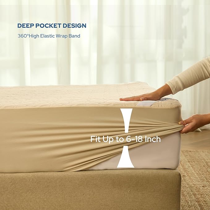 BEDLORE Waterproof Mattress Protector, California King Size Noiseless Mattress Pad with Deep Pocket 6"-18" Depth, Soft Breathable Bed Mattress Cover Washable for Home, Bedroom, Hotel (Beige)