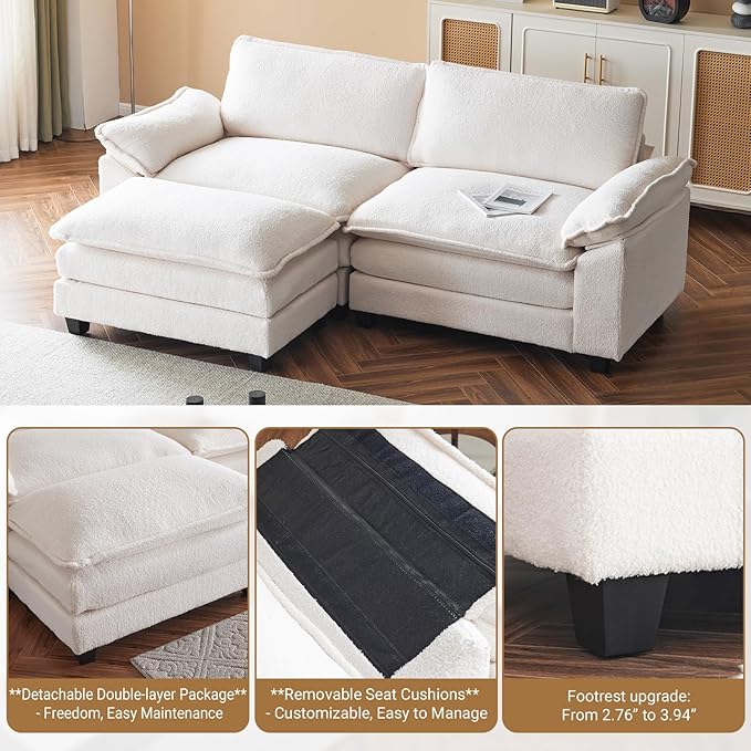 VINGLI 87" Convertible Sectional Sofa,L-Shaped Deep Seat Sofa Couch for Living Room,Modern 2-Seat Loveseat Sofa with Ottoman for Small Space(White,Faux Sherpa, 87")