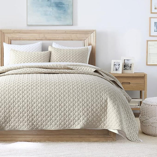 HORIMOTE HOME Quilt Set King Size Beige Bedspread, Modern Style Quilted Clouds Pattern Soft Coverlet Set Lightweight Microfiber Quilted Bedspread for All Season