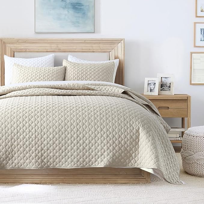 HORIMOTE HOME Quilt Set Twin Size Beige Bedspread, Modern Style Quilted Clouds Pattern Soft Coverlet Set Lightweight Microfiber Quilted Bedspread for All Season, Includes 1 Quilt and 1 Pillow Sham