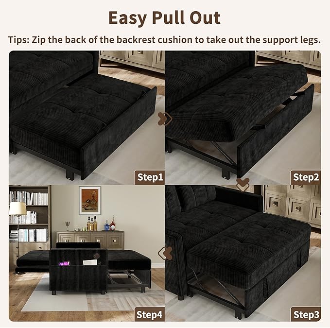 3 in 1 Convertible Sleeper Sofa Bed, Pull Out Couch with Charging Station, Corduroy Small Loveseat Sleeper Sofa with Adjustable Backrest for Apartment, Bedroom, Small Space（Black）