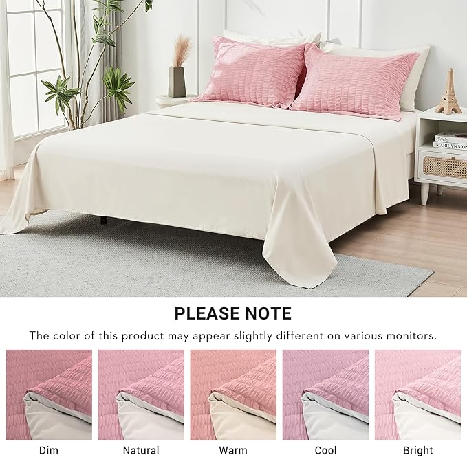 HYMOKEGE Pink/Ivory Queen Comforter Set Seersucker 7 Pieces, All Season Luxury Bed in a Bag Queen for Bedroom, Bedding Set with Comforter, Sheets, Pillowcases & Shams