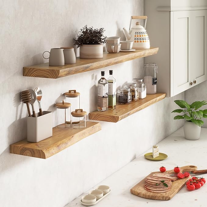 Live Edge Elm Floating Shelves for Wall Decor, Rustic Solid Wood Shevles Wall Mounted with Invisible Bracket for Living Room Bathroom Bedroom Kitchen, 36 Inch Set of 2, Natural