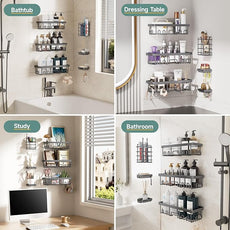Veken Rustproof & Waterproof Shower Caddy 6-Pack, No Drilling Adhesive Shelves Rack with Soap Holder, Large Capacity Bathroom Organizers and Storage, Wall-Mounted Kitchen & Home Decor, Dark Grey