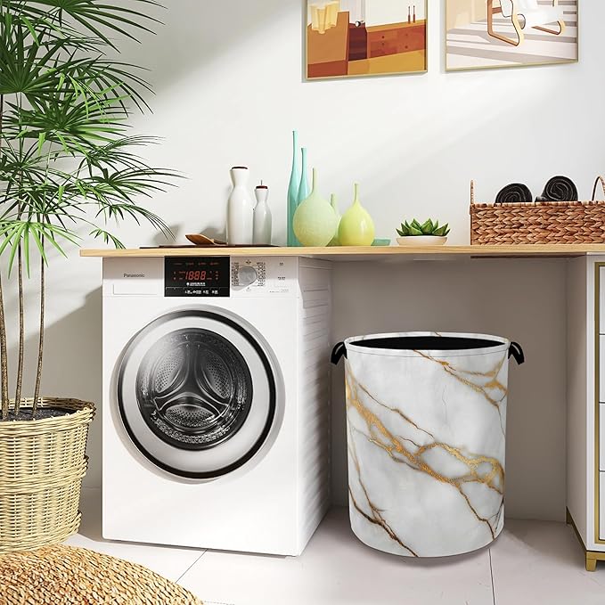 White Gold Marble Laundry Basket,Oxford Cloth Laundry Hamper with Handle Foldable Portable Clothes Storage Basket for Bathroom Bedroom Dorm Room 16" x 20.8"