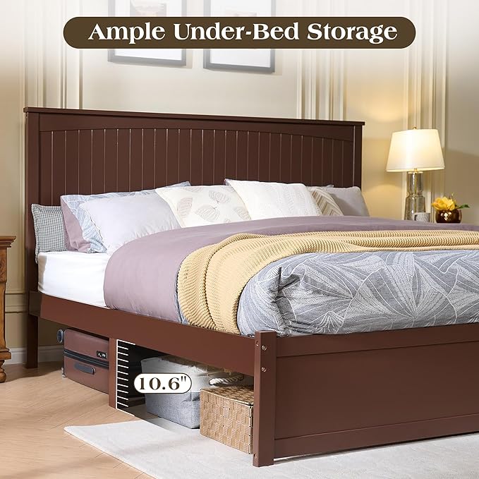 King Size Solid Wood Bed Frame with Storage, Mid-Century Modern Platform Bed with 50" Headboard & 2 Drawers, No Box Spring Needed/Quiet Support/Easy Assembly/Espresso Brown Finish