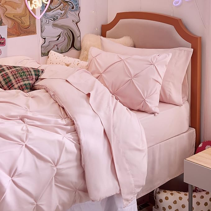 Bedsure Twin Comforter Set Pink for Women - Bed in a Bag Twin Size Bedding 5 Pieces, GentleSoft™ Pintuck Bed Set Gift for Family, Pinch Pleat Pink Comforter with Sheets, Pillowcase & Sham