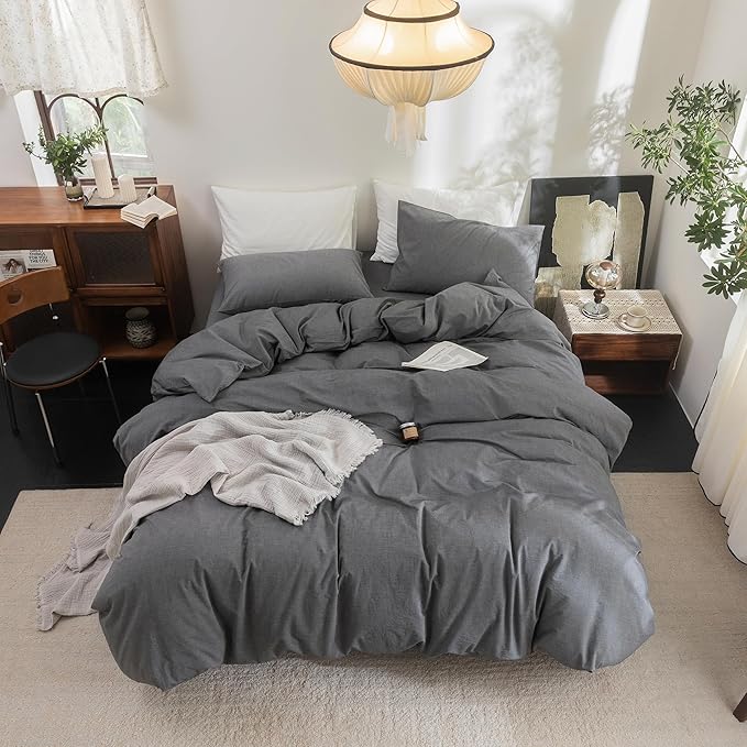 FOSSA Duvet Cover Set 100% Washed Cotton Linen Feel Super Soft Breathable Cozy 3 Pieces Bedding Sets Solid Dark Grey Queen