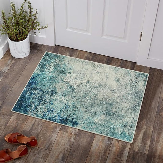 Lahome Modern Abstract Area Rug - Small 2x3 Washable Entryway Rugs Non-Slip Low Pile, Accent Throw Carpet for Kitchen Bath Mats Laundry Front Indoor Doormat,Blue/Grey