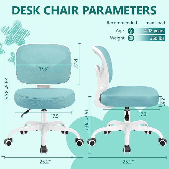 Primy Kids Desk Chair, Pink Study Chair for Boys Girls with Height Adjustable, Swivel Mesh Task Student Chairs for 4-12, Growing Teen Office Chair for Home/School/Office (Teal)