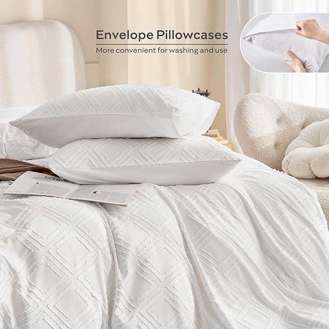 JELLYMONI Duvet Cover Queen Size Bright White - 3PCS Boho Duvet Cover Set Plaid Polyester Tufted Bohemian Jacquard Knit Textured Comforter Cover 90×90in Rhombic Geometric Pattern Zipper Corner Tie