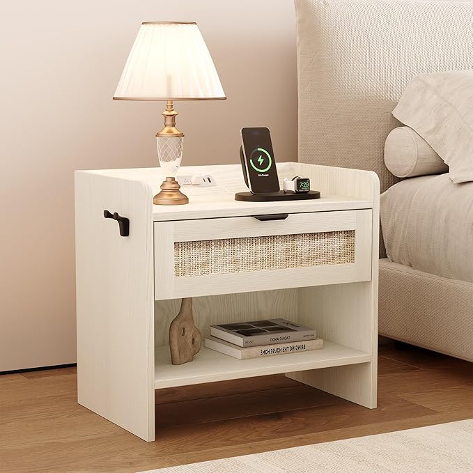 Rattan Nightstand, Bedside Table with Type-C Charging Station - 1 Storage Drawer & Open Storage Space, Boho End Table Side Table for Bedroom Office, Large Night Stand with Charging Port