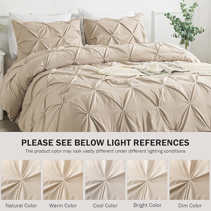 Andency Khaki Pinch Pleated Comforter Set King (104x90Inch), 3 Pieces Pintuck Microfiber Down Alternative Beddding Set(1 Pintuck Comforter, 2 Pillowcases)
