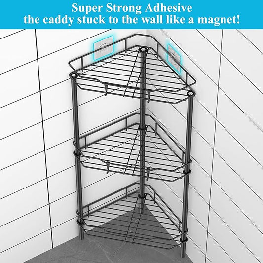 3 Tier Floor Standing Corner Shower Caddy Organizer Shelf with Hooks, Bathroom Shelves Stand Rack, Matt Black