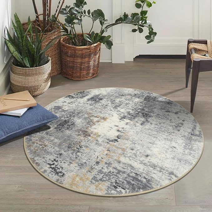 Lahome Modern Abstract Round Rug - 3Ft Small Washable Kitchen Round Area Rug Bedroom 3x3 Circle Mat, Soft Low Pile Non Slip Indoor Throw Carpet for Cabinet Bathroom Home Office, Grey