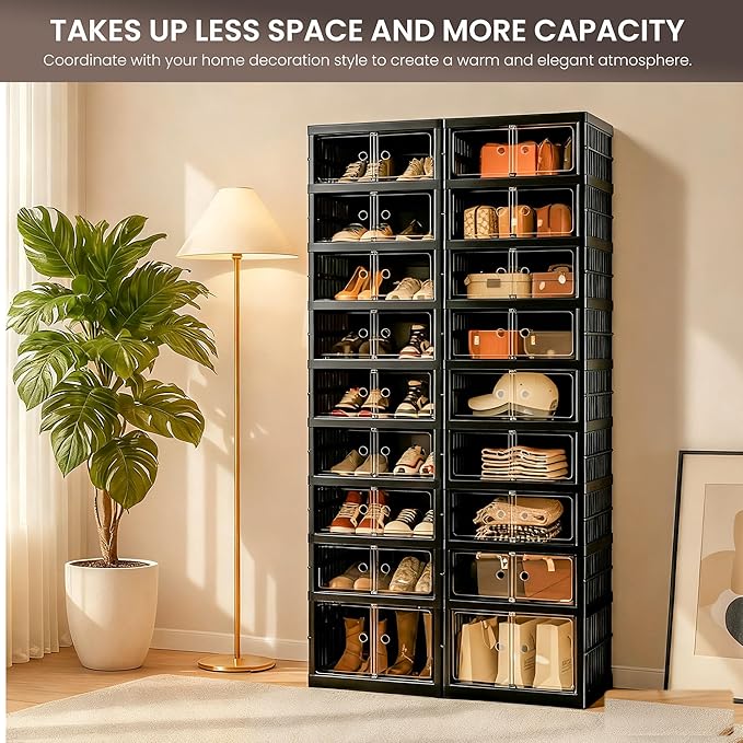 Foldable Shoe Organizer Storage Box, Portable Extra Large Folding Shoe Rack for Closet, Shoe Storage Box with Magnetic Transparent Door and Wheels, 9 Layers 18 Grids with 2 Big Grids