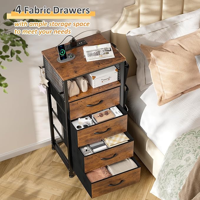EnHomee Nightstand Set of 2, Night Stand with Charging Station & LED, Bedside Table with Fabric Drawers and Storage Shelf, Sturdy Steel Frame, Wood Top, Cloth Bags, Hooks, Brown