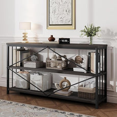 HSH 3 Tier Bookshelf, Wood Metal Low Horizontal Bookcase with Storage, Industrial 3 Tier Long Bookshelves Shelf for Bedroom, Modern Wooden Open Etagere Bookcase for Living Room, Dark Gray, 55 Inch