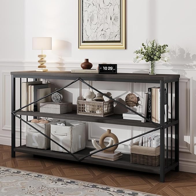 HSH 3 Tier Bookshelf, Wood Metal Low Horizontal Bookcase with Storage, Industrial 3 Tier Long Bookshelves Shelf for Bedroom, Modern Wooden Open Etagere Bookcase for Living Room, Dark Gray, 55 Inch