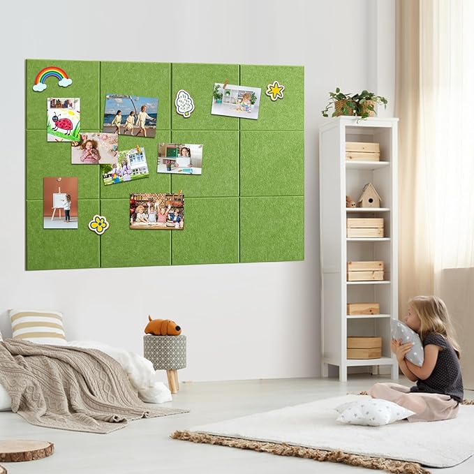 Large Bulletin Board 48" x 36" - 12 Pack Felt Wall Tiles with 60 Pcs Safe Removable Adhesive Tabs & 40 Pcs Pushpins, Cork Board for Office, School & Dart Wall Protector - Sage Green