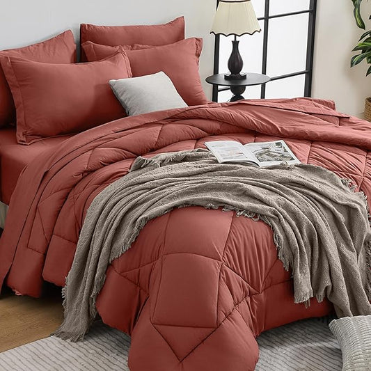 HEVUMYI Terracotta Twin Comforter Set - 5-Piece All Season Bed in a Bag Twin, Ultra Soft Bedding Set with Comforter, Flat Sheet, Fitted Sheet, Pillowcases, Pillow Shams