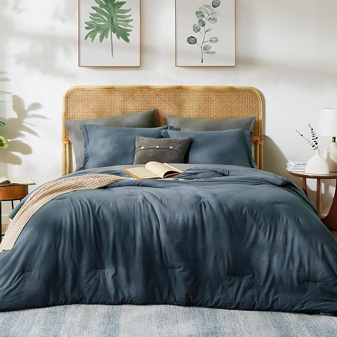 WRENSONGE Full Size Comforter Set- 7 Pieces Blue Grey Bed in a Bag Full Size Comforter with Fitted Sheet, Flat Sheet, 2 Pillow Shams, 2 Pillowcases, Warm Bedding Sets for All Season