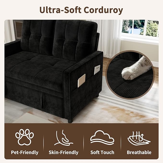3 in 1 Convertible Sleeper Sofa Bed, Pull Out Couch with Charging Station, Corduroy Small Loveseat Sleeper Sofa with Adjustable Backrest for Apartment, Bedroom, Small Space（Black）