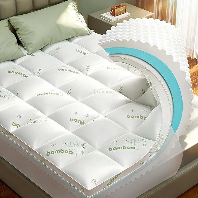 Queen Mattress Topper, 3 in 1 Memory Foam Mattress Topper for Back Pain, 2" Fluffy Cooling Mattress Toppers Queen Breathable Viscose Made from Bamboo and 2.5" Dual Firmness Gel Memory Foam.
