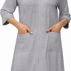 Ekouaer Zipper Robes for Women 3/4 Sleeve Housecoats Knee Length Bathrobe Lightweight Nightgown with Pockets S-3XL
