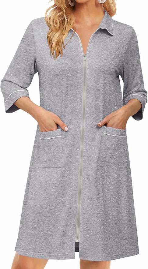 Ekouaer Zipper Robes for Women 3/4 Sleeve Housecoats Knee Length Bathrobe Lightweight Nightgown with Pockets S-3XL