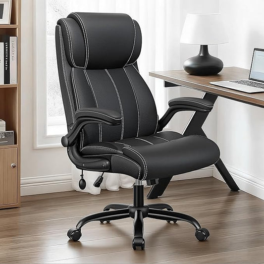 Ergonomic Office Chair - Desk Computer Chair, Leather High Back Executive Chairs with Adjustable Lumbar Support & Flip Up Arms, Rocking, Black