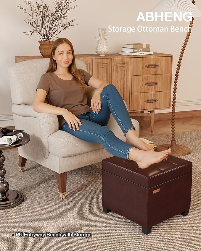 17.7 inches Synthetic Leather turfed Ottomans Cube with Storage, Metal-Framed Square Storage Ottoman Foot Rest Stool Holds 770 LB for Dorm Living Room Bedroom Brown UASND63R