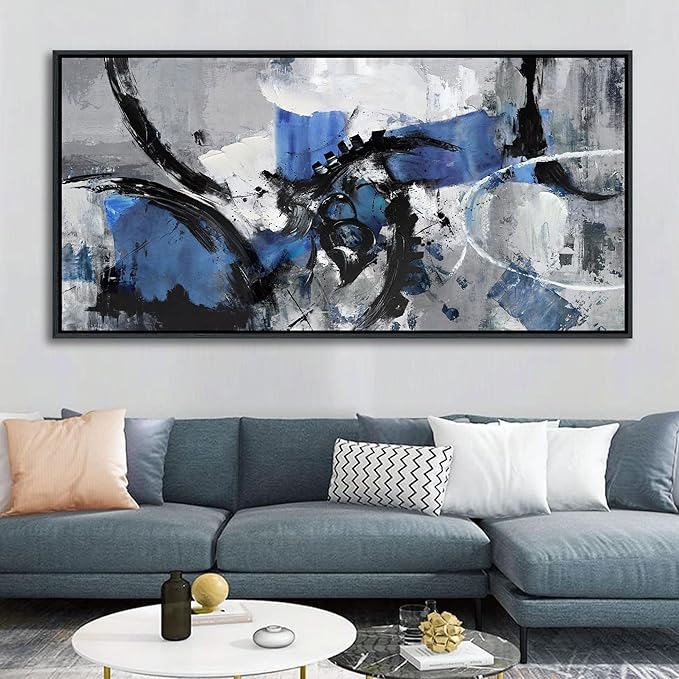 Blue Abstract Canvas Wall Art: Large Wall Art Paintings for Living Room, Modern, Framed Artwork in Blue and Black -Bedroom, and Office Decorations for Work - Gray Pictures for bedroom Wall Decor
