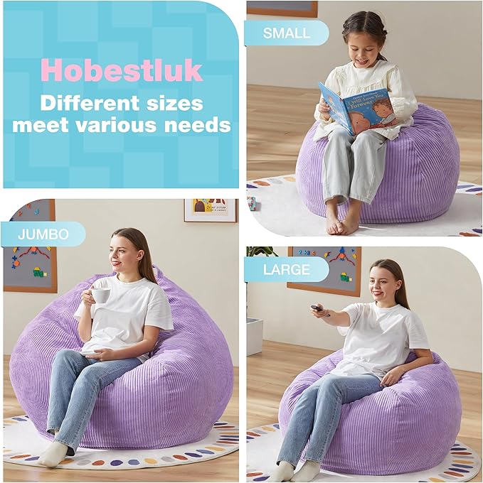 Hobestluk 4.5FT Bean Bag Chair Giant Bean Bag Chair with Filler Included Adult Bean Bag Chairs with Removable Cover for Bedroom Living Room - (Jumbo, Purple)