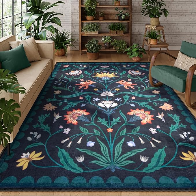 Lahome Boho Floral Washable Dark Blue 8x10 Area Rugs for Living Room, Non Slip Rugs for Bedroom, Ultra-Thin Indoor Throw Dining Room Carpet for Under Table Home Office Farmhouse(Dark Blue,8x10)