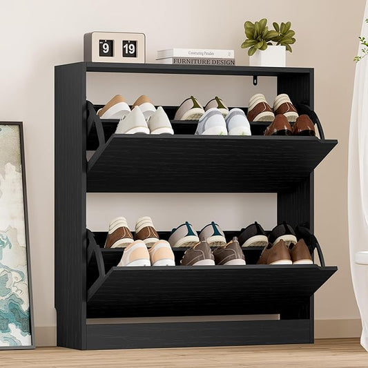 Shoe Cabinet with 2 Flip Drawers, Slim Narrow Shoe Storage Cabinet, Freestanding Shoe Organizer with Adjustable & Removable Shelves, Top Display Shelf for Entryway, Hallway, Foyer, Closet